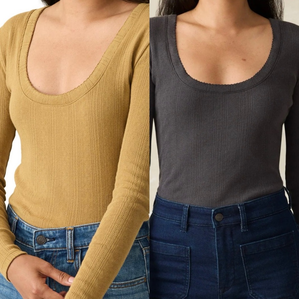 2 Faherty Long Sleeve Ribbed Pointelle Tops - Mustard and Charcoal Sz XL EUC